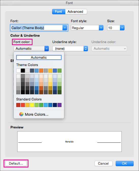 shortcut for chaning color in word mac
